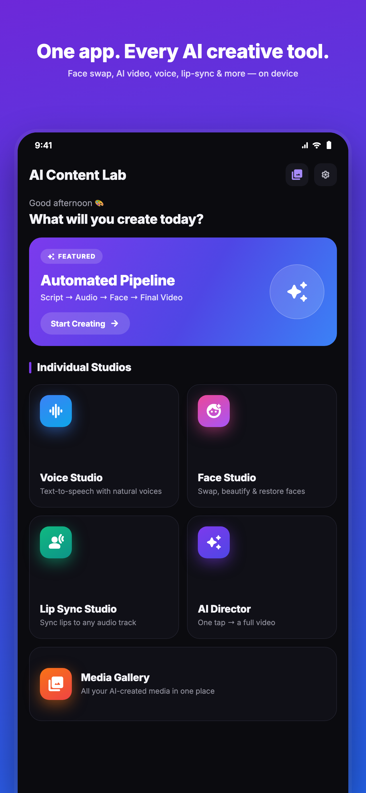 AI Content Lab dashboard with all studios