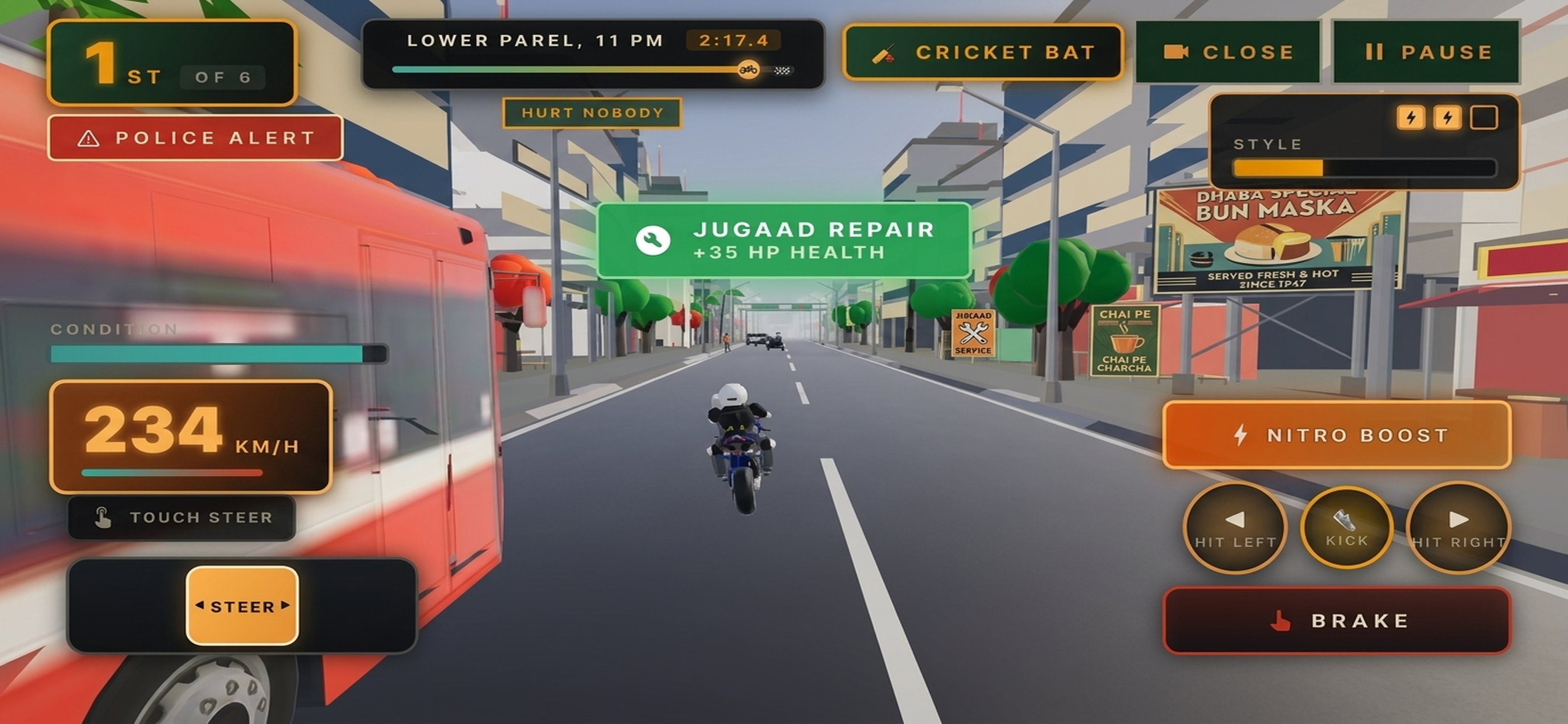 Overtaking red BEST bus with Jugaad Repair boost