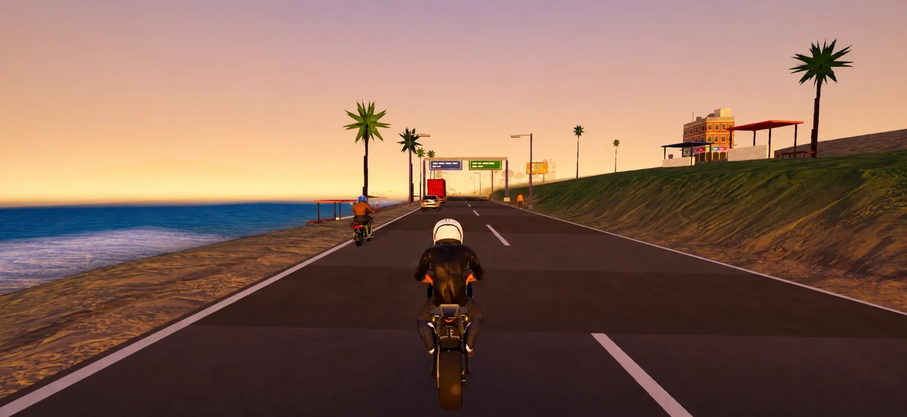 A rider on Goa's coastal road at sunset, with a rival ahead
