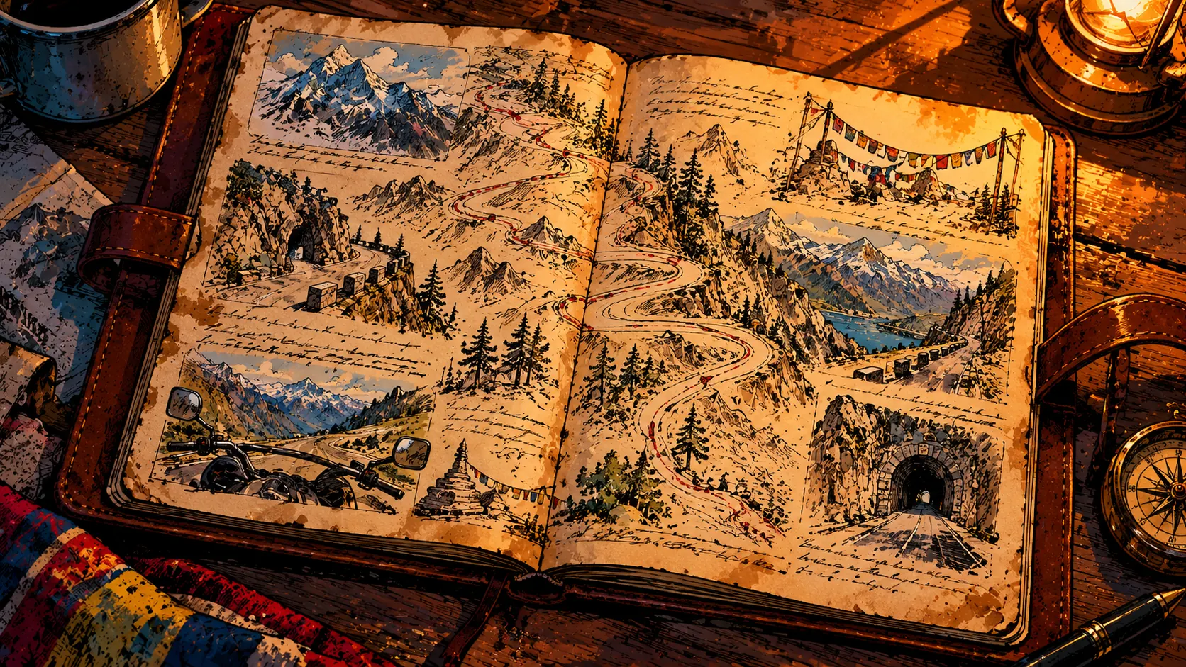 The Road Book open on a desk: hand-drawn mountain roads, tunnels and prayer flags